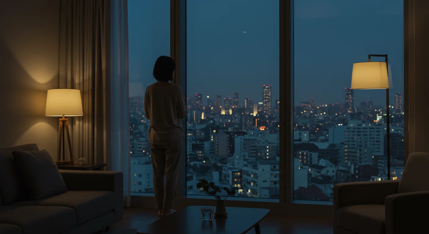 窓辺で遠くを見つめる女性の後ろ姿