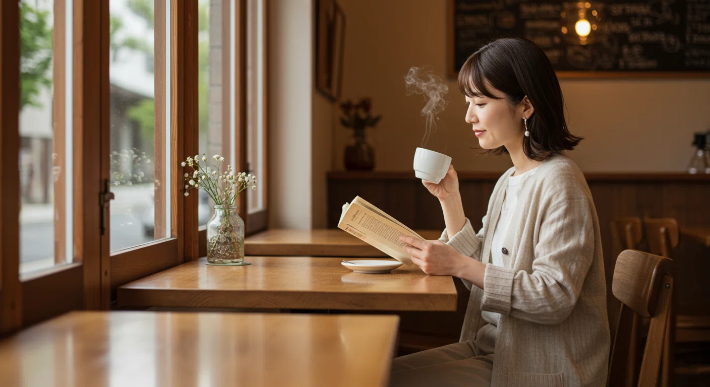 カフェでリラックスして本を読む女性の様子