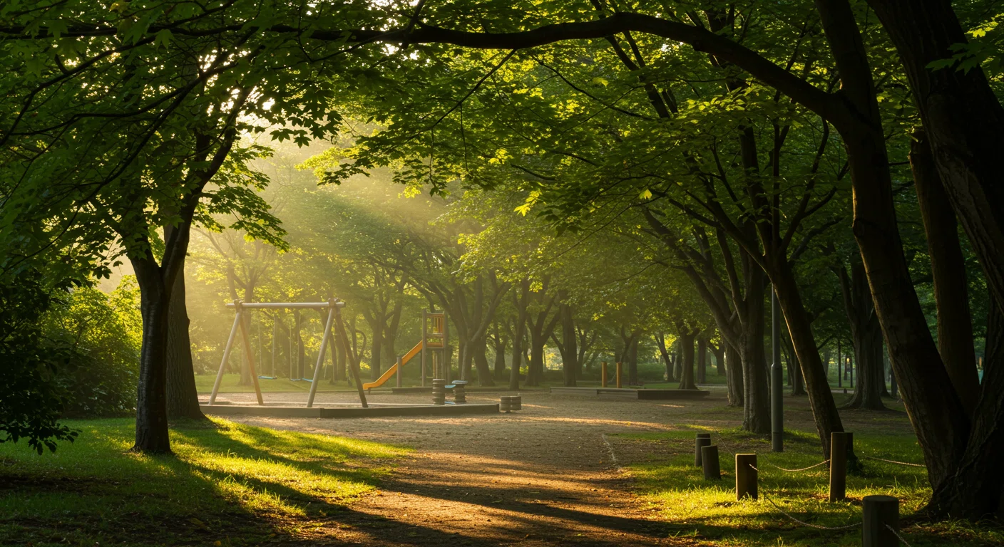 公園の遊具と木漏れ日