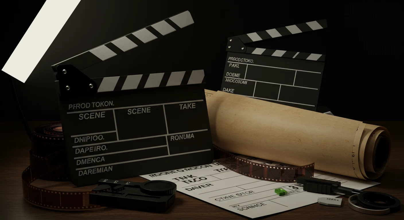 映画のポスターとカチンコ
