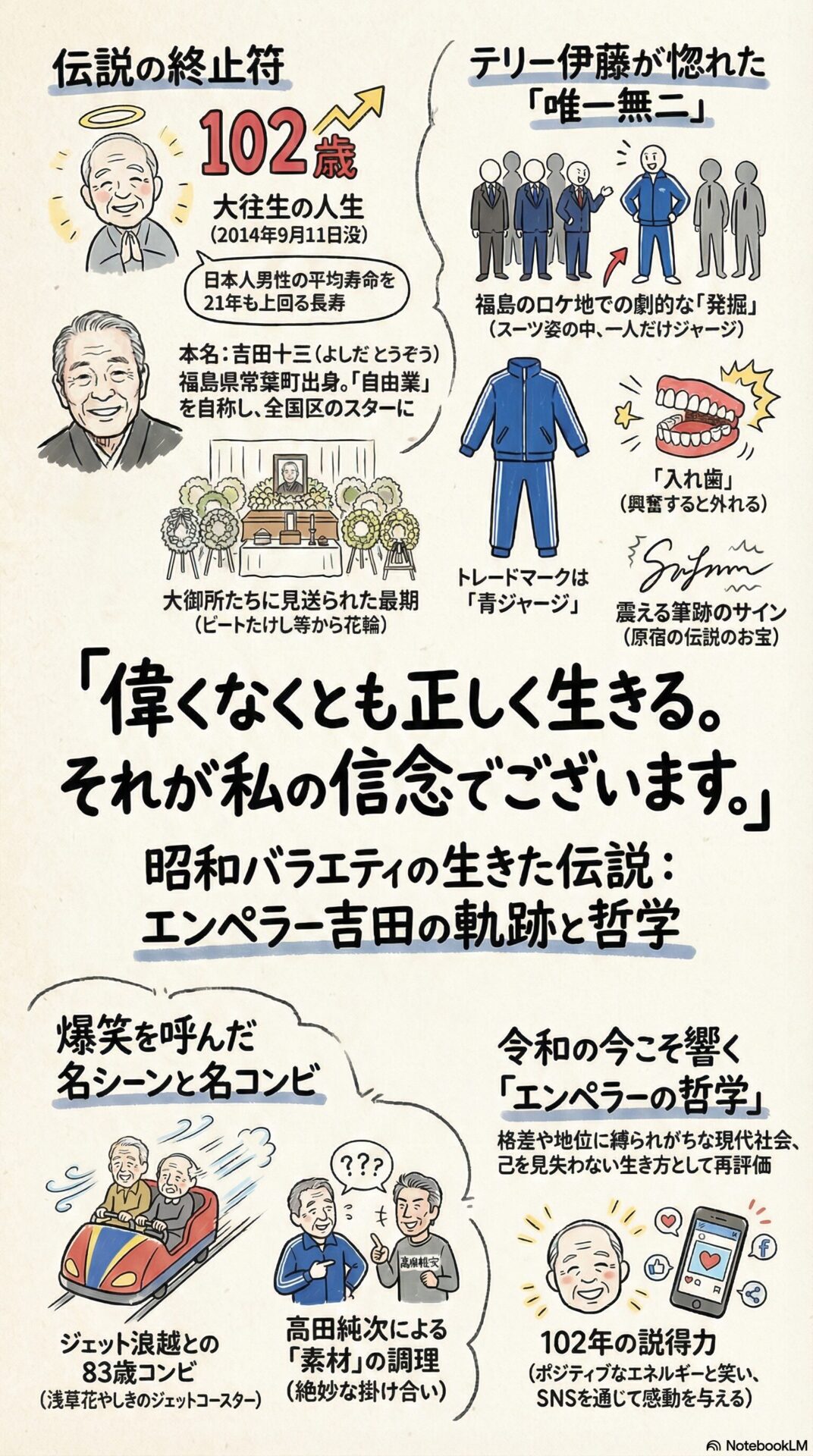 昭和のバラエティ番組で人気を博したエンペラー吉田の102年の生涯と、その独自の哲学をまとめた図解です。
