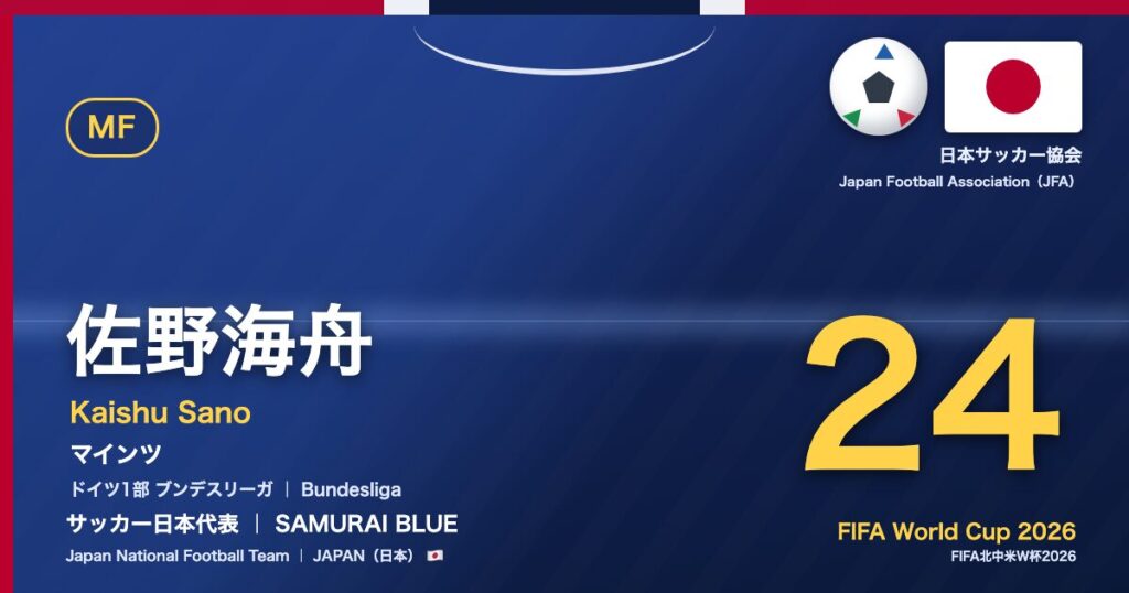 佐野海舟 Kaishu Sano サッカー日本代表 SAMURAI BLUE Japan National Football Team FIFA World Cup 2026