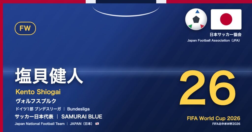 塩貝健人 Kento Shiogai サッカー日本代表 SAMURAI BLUE Japan National Football Team FIFA World Cup 2026