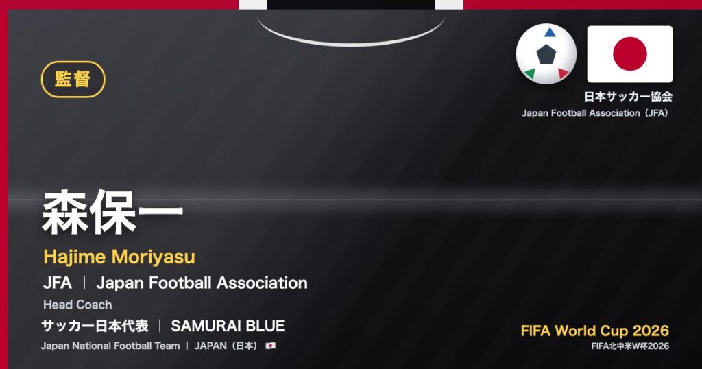 森保一 Hajime Moriyasu サッカー日本代表 SAMURAI BLUE Japan National Football Team FIFA World Cup 2026
