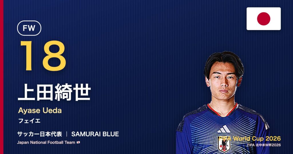 上田綺世 サッカー日本代表FW 北中米W杯2026 アイキャッチ｜フェイエ