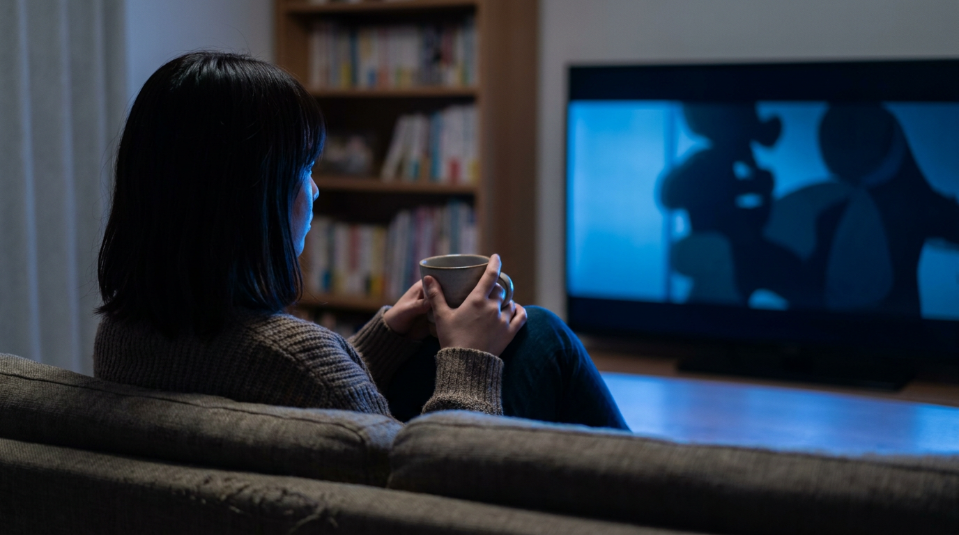 夜、ソファに座り、後ろ姿でテレビアニメを見ながらマグカップを両手で持つ人