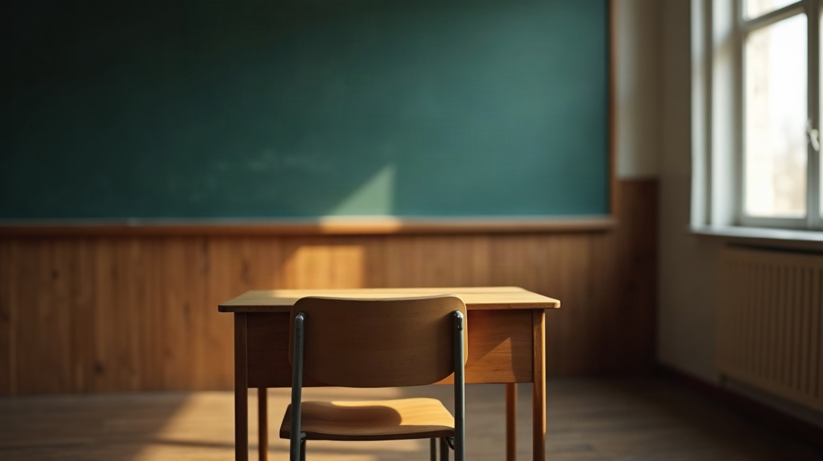 誰も座っていない教室。窓ぎわに木の机と椅子が一組だけ置かれ、朝の光が机の上に差している。奥の黒板には何も書かれていない