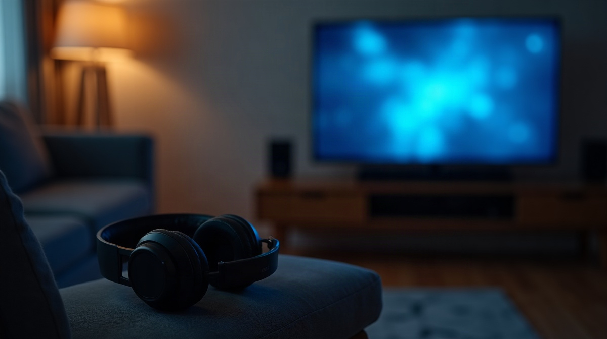 暗いリビングで、ソファのひじ掛けに置かれた黒いオーバーイヤーヘッドホン。奥にはテレビ画面の青い光がぼんやり灯り、その手前にサウンドバーらしき黒い機器が見える。左奥には暖色のフロアランプが灯っている