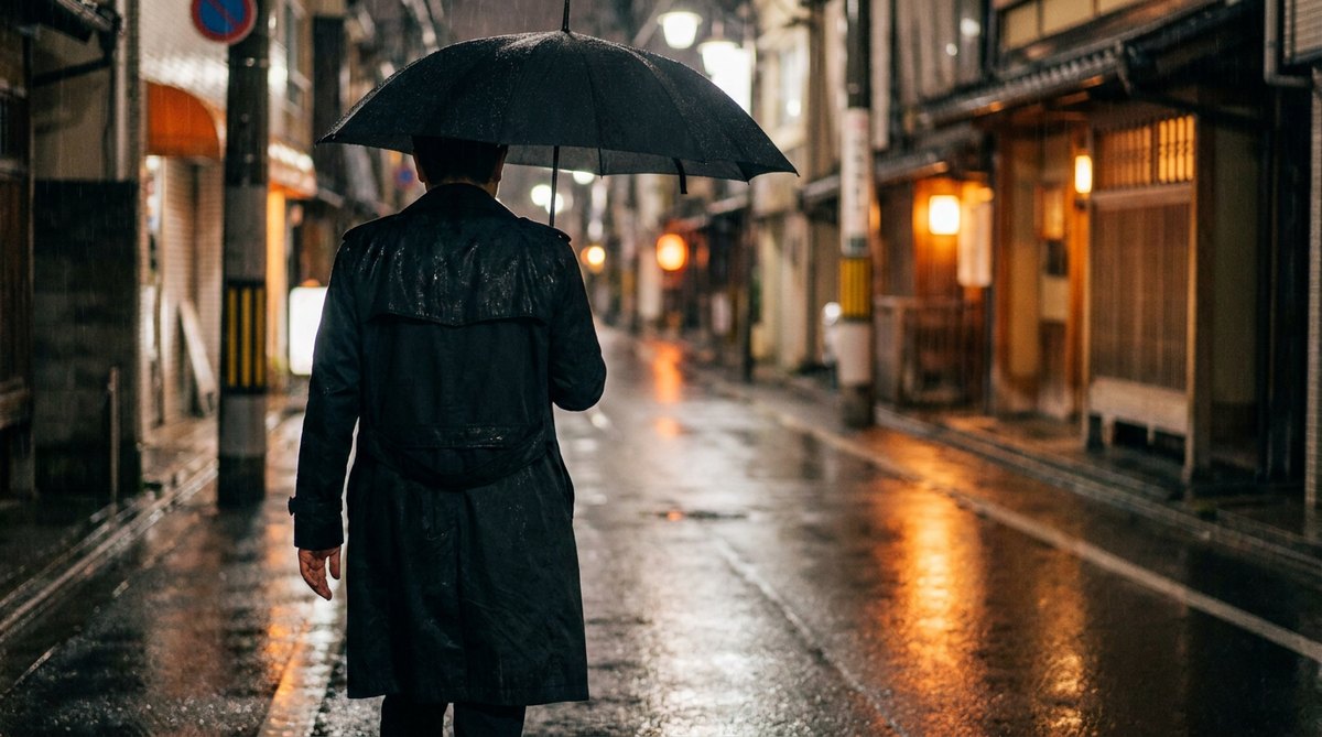雨の夜の街を、黒い傘をさして歩く人の後ろ姿