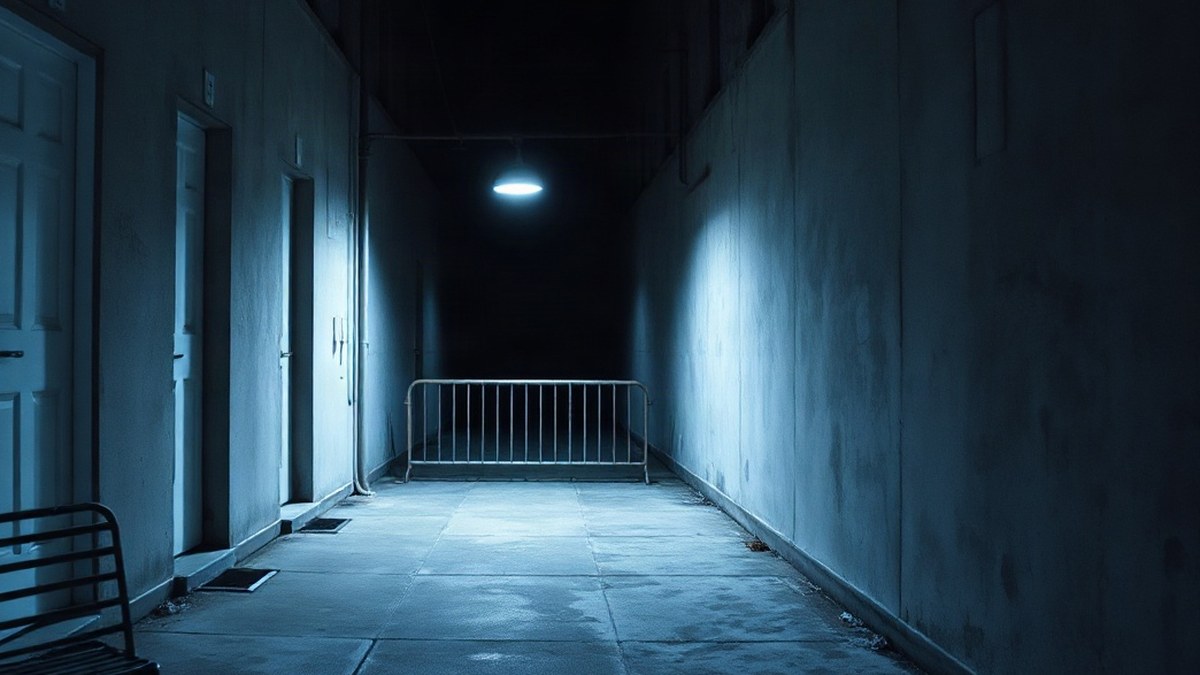東野圭吾『容疑者Xの献身』を読む前に知りたい一冊の中身 2 夜のアパートの外廊下。並んだドアと、奥に置かれた金属の柵だけが照明に照らされている