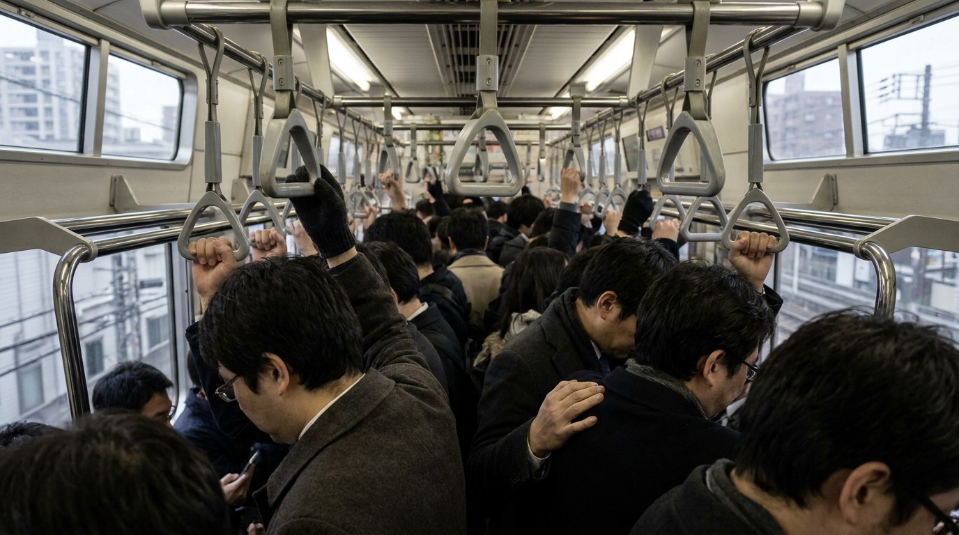 朝の満員電車の車内。吊り革が並び、その下に厚手のコートを着た人が肩を寄せ合って立っている