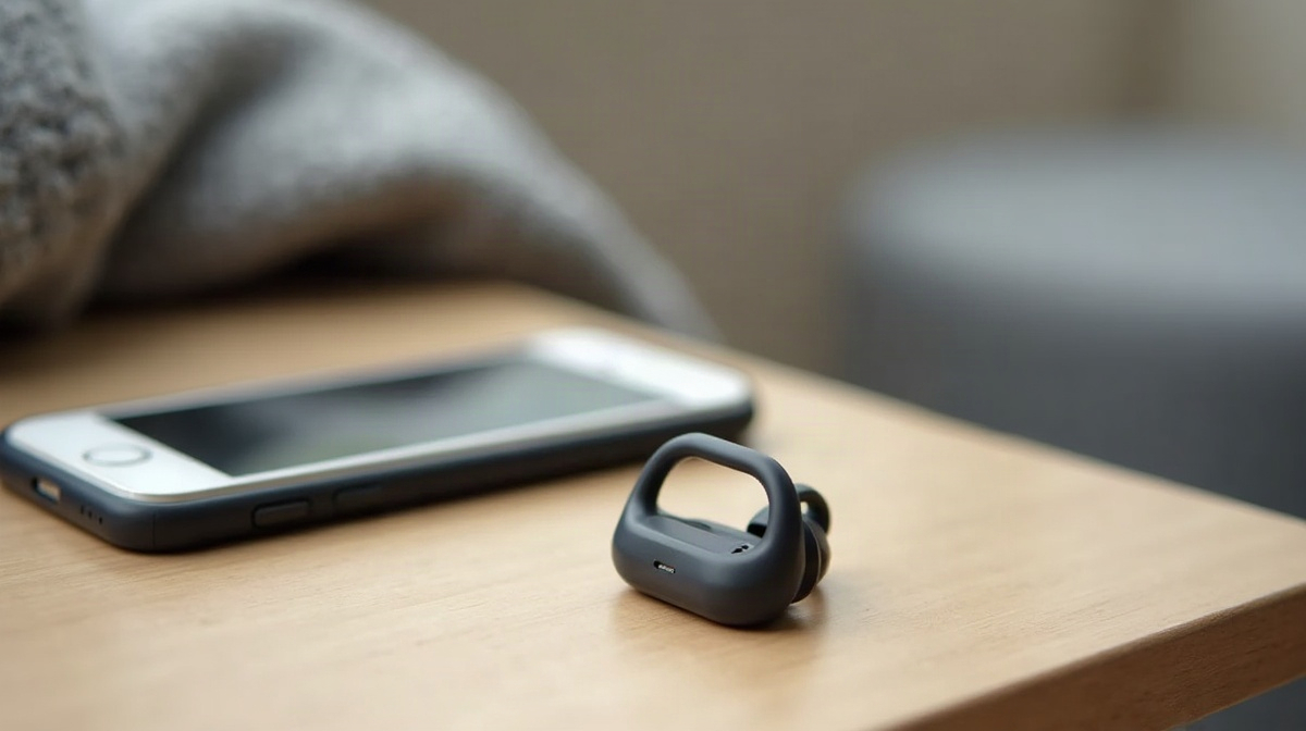木の台に置かれた黒いオープンイヤー型のイヤホン。奥にスマートフォンと灰色のニット