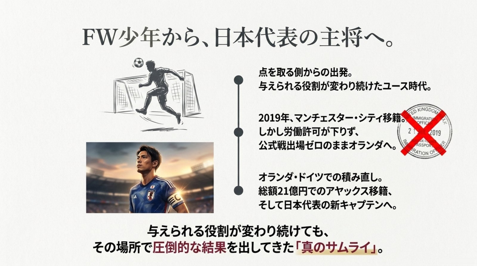 川口春奈の旦那は板倉滉|結婚・妊娠発表の全文と馴れ初めを徹底解説 4 板倉滉がフォワード少年から日本代表主将になるまでの経歴を示す図