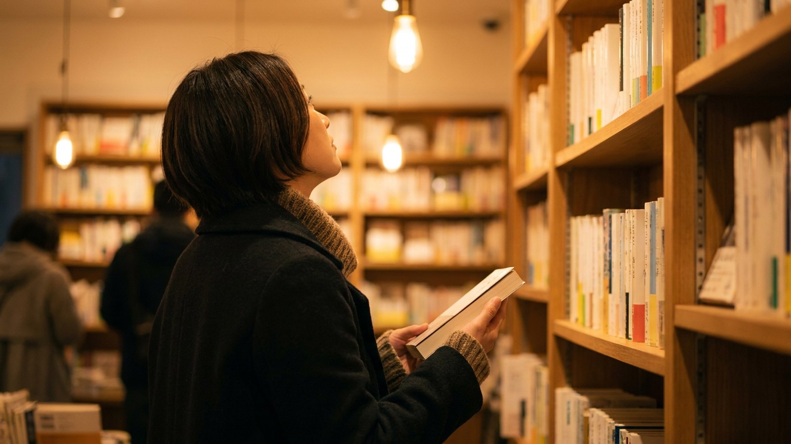 小説の映画化で変わる3つのこと|先に読むか先に観るかの選び方 1 書店の棚の前で文庫本を手に取り、棚を見上げる人