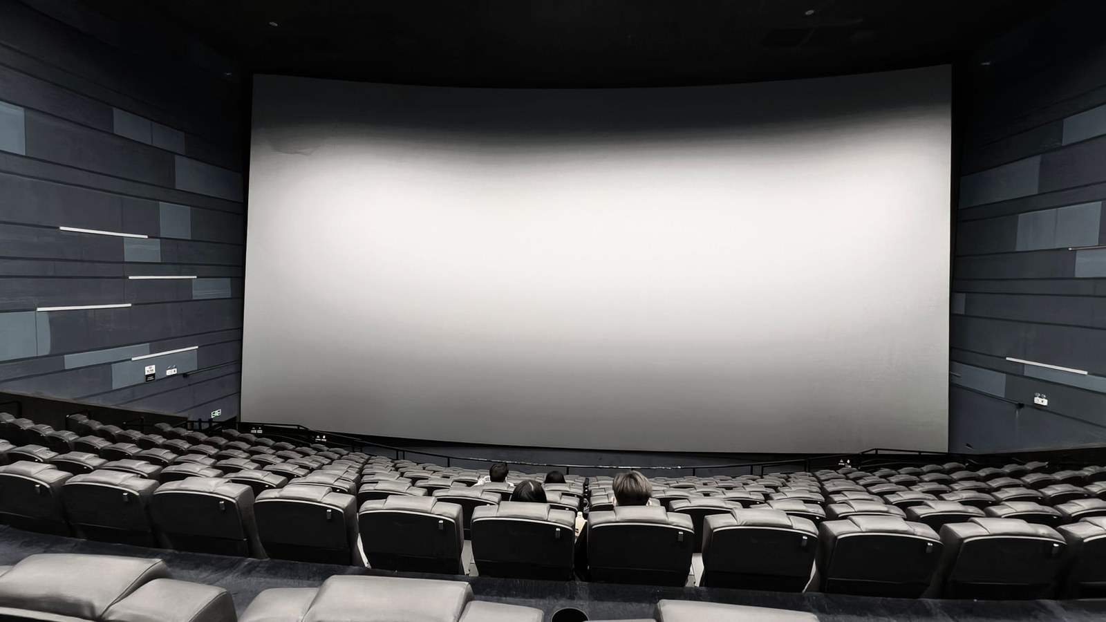 広い映画館の白いスクリーンと客席
